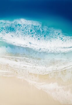 Top view on sea wave with white foam and light beige sand. Fluid, pour drawing of epoxy resin. Summer sunny beach painting, seascape, shore. Resin art. Trendy painting. Contemporary art