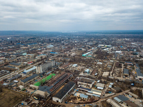 Aerial view from drone of warehouses industrial zone.