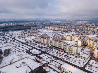 Aerial photo from drone of winter small city in Ukraine. Winter city scape