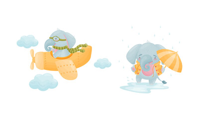 Cute Blue Elephant Character Flying Plane and Walking Under Umbrella in Rainy Day Vector Set
