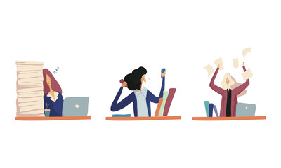 Businesswoman in Formal Suit at Work Place Sleeping and Throwing Documents Vector Set