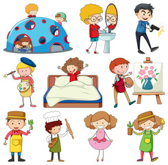 Set of different doodle kids cartoon character