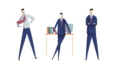 Business Executive Man Worker in Formal Suit and Tie at Work Place Standing with Folded Arms Achieving Goals Vector Set