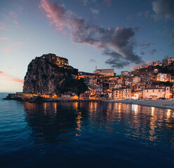 Aerial view of Scilla by night. Calabria, Italy.