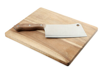 Large sharp cleaver knife with wooden board isolated on white