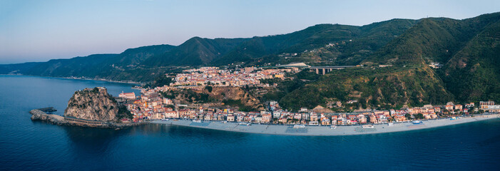Aerial view of coast of Scilla at sunset. Calabria, Italy - obrazy, fototapety, plakaty