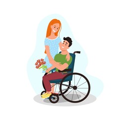 People with disabilities. A young disabled man gives flowers to his girlfriend. Couple in love, vector illustration in flat style, cartoon.