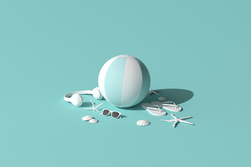 Mock up of green summer beach concept. Summer accessories, headphone, sunglasses, starfish, shell, inflatable ball and flip-flop on green background. 3D rendering. © nuchao