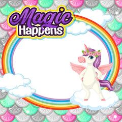 Empty banner with cute pegasus cartoon character on pastel mermaid scales