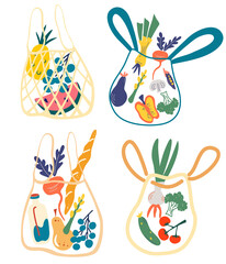 Set of eco shopping net bags with various products. Different stuff from local market. Zero waste, plastic free concept. Ecological kit set, mesh and net bags for shopping. Vector illustrations.