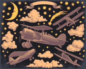 Aeronautics. Design set. Editable hand drawn illustration. Vector vintage engraving. Isolated on dark background. 8 EPS