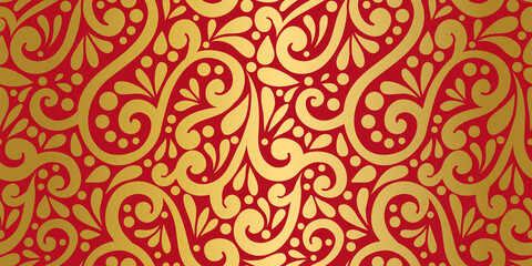 Red and gold abstract seamless pattern. Vintage vector ornament template. Paisley elements. Great for fabric, invitation, background, wallpaper, decoration, packaging or any desired idea.
