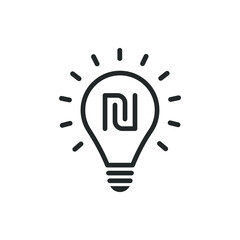 Shekel currency symbol in a lightbulb. Financial or money idea icon line style isolated on white background. Vector illustration