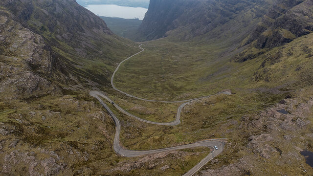 The narrow winding mountain road at Bealach na Ba near Applecross in the Scottish Highlands, UK