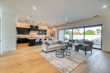 black and white living room with an open floor plan