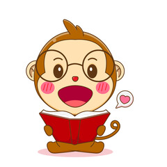 Cute monkey with glasses reading a book cartoon illustration