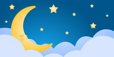 Obraz na płótnie Canvas Moon in the clouds and stars. Vector illustration. Twinkling moon and stars. Can be used as flyers, posters, banners, brochures, web. Cartoon style. 