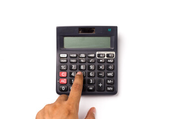 Black calculator on white background isolated stock image.