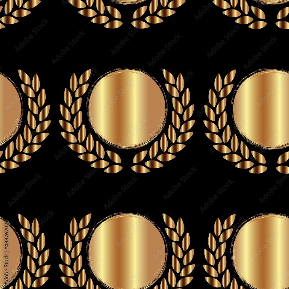 Poster circles and branches with leaves from a golden texture on a black background. seamless vector gold p