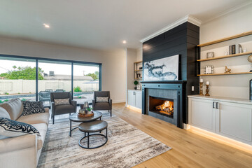 black and white living room with an open floor plan