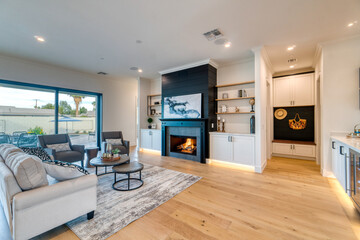 black and white living room with an open floor plan