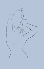 Black line shillouette of attractive woman in dancing pose with one hand above her head sprinkling hair. Other hand on cheek. Line art of feminine beauty. Body contours in elegant motion and traction. - 438762060