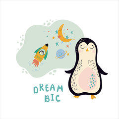 Cute composition with penguin character, stars, rocket, planet and moon. Vector cartoon illustration in simple hand drawn Scandinavian style. Good for baby nursery, clothes, baby shower, posters.