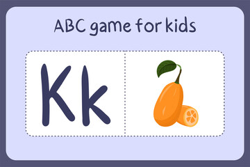 Kid alphabet mini games in cartoon style with letter K - kumquat . Vector illustration for game design - cut and play. Learn abc with fruit and vegetable flash cards.