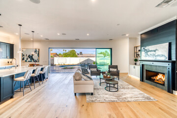 black and white living room with an open floor plan