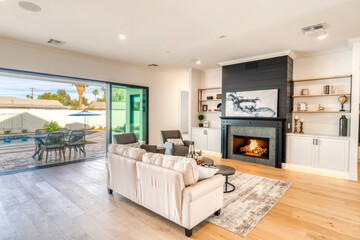 black and white living room with an open floor plan