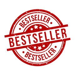 bestseller round red grunge stamp badge on white background.