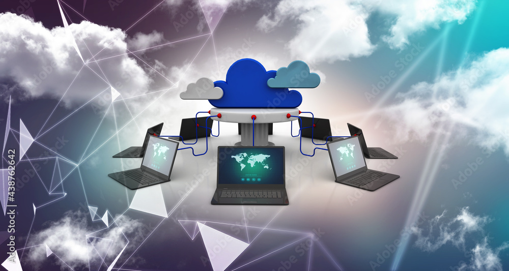 Poster 3d illustration of cloud network in abstract technology background. cloud networking concept