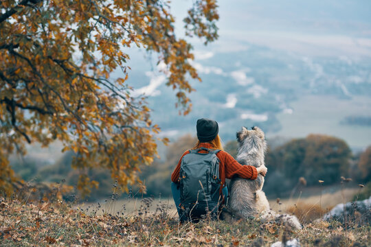 woman hiker next to dog friendship nature mountains travel