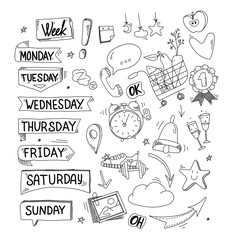 Stickers for week planner, Monday, Tuesday, Friday, Sunday. doodle and flat design. timetable collection. Set of elements for calendar. To do list elements. 