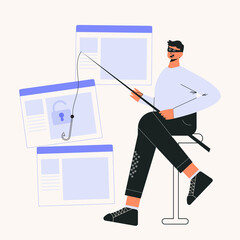 Online scam and hacker fraud concept flat vector illustration. Internet phishing stealing confidential data, personal information, online banking, email and data breach. Anonymous hacker character