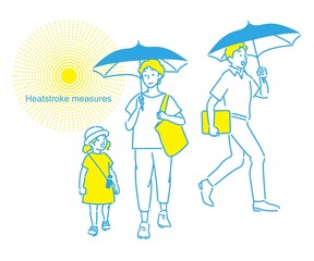 熱中症対策 日傘をさす親子と男性のイラストカット ベクター 