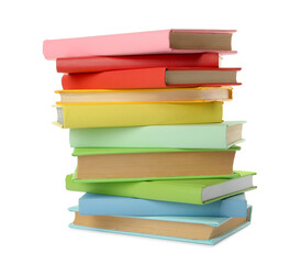 Many colorful hardcover books on white background