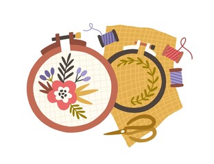 Embroidery hoops, spools of threads and scissors. Handmade needlework on canvas in frame rings. Needlecraft art. Flat vector illustration of hand-made handicraft isolated on white background © Good Studio
