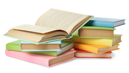 Many colorful hardcover books on white background