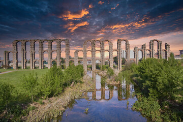 The famous roman aqueduct of the Miracles (Los Milagros) in Merida, province of Badajoz,...