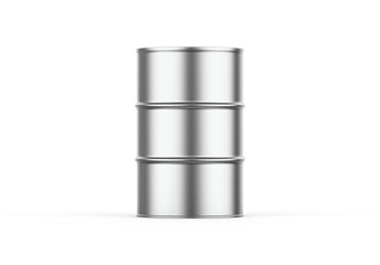 Metallic oil barrel mockup, steel metal oil drum on isolated white background, 3d illustration