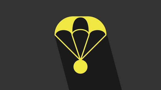 Yellow Parachute icon isolated on grey background. Extreme sport. Sport equipment. 4K Video motion graphic animation