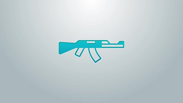 Blue line Submachine gun icon isolated on grey background. Kalashnikov or AK47. 4K Video motion graphic animation