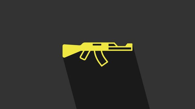 Yellow Submachine gun icon isolated on grey background. Kalashnikov or AK47. 4K Video motion graphic animation