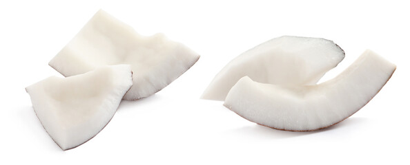 Pieces of ripe coconut on white background, collage. Banner design