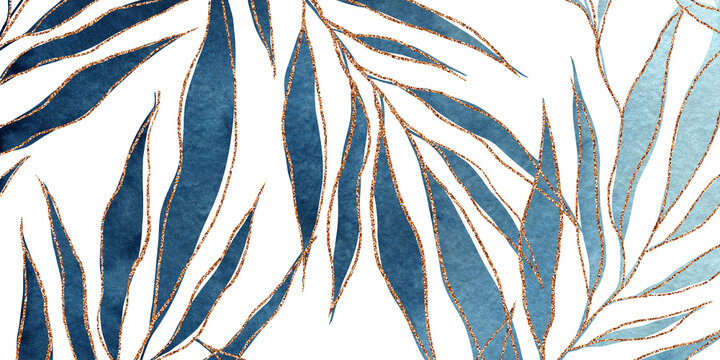 Abstract Nature background. Pattern of blue palm leaves with golden lines. Watercolor freehand drawing of leaves, branches. Luxury leaf botanical modern art deco wallpaper. Line arts background design