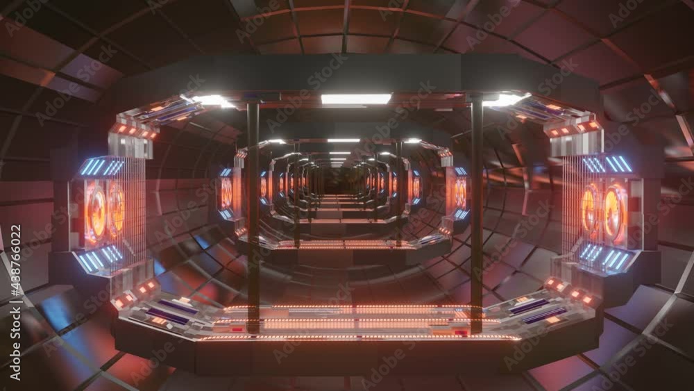 Poster flying through a metallic abstract sai fi tunnel. looped animated background. 3d render