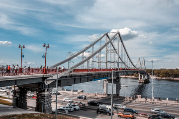 Fototapeta na wymiar Pedestrian bridge over the Dnieper River in Kyiv, Ukraine.