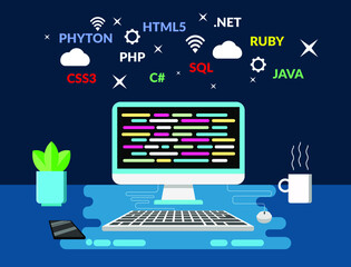 Flat design desktop computer with Programmer Code language 