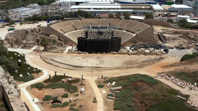 Aerial view of The Roman Amphitheater of Caesarea and the ancient remains of the coastal city of Caesarea, built under Herod the Great during 22&ndash;10 BC.